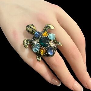 Cabochon Turtle Ring Gemstone Encrusted Shell Brass Size 7.5
